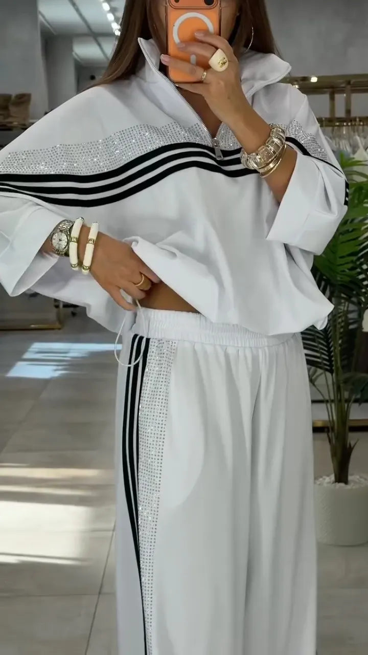 White Rhinestone-Trimmed Tracksuit Set