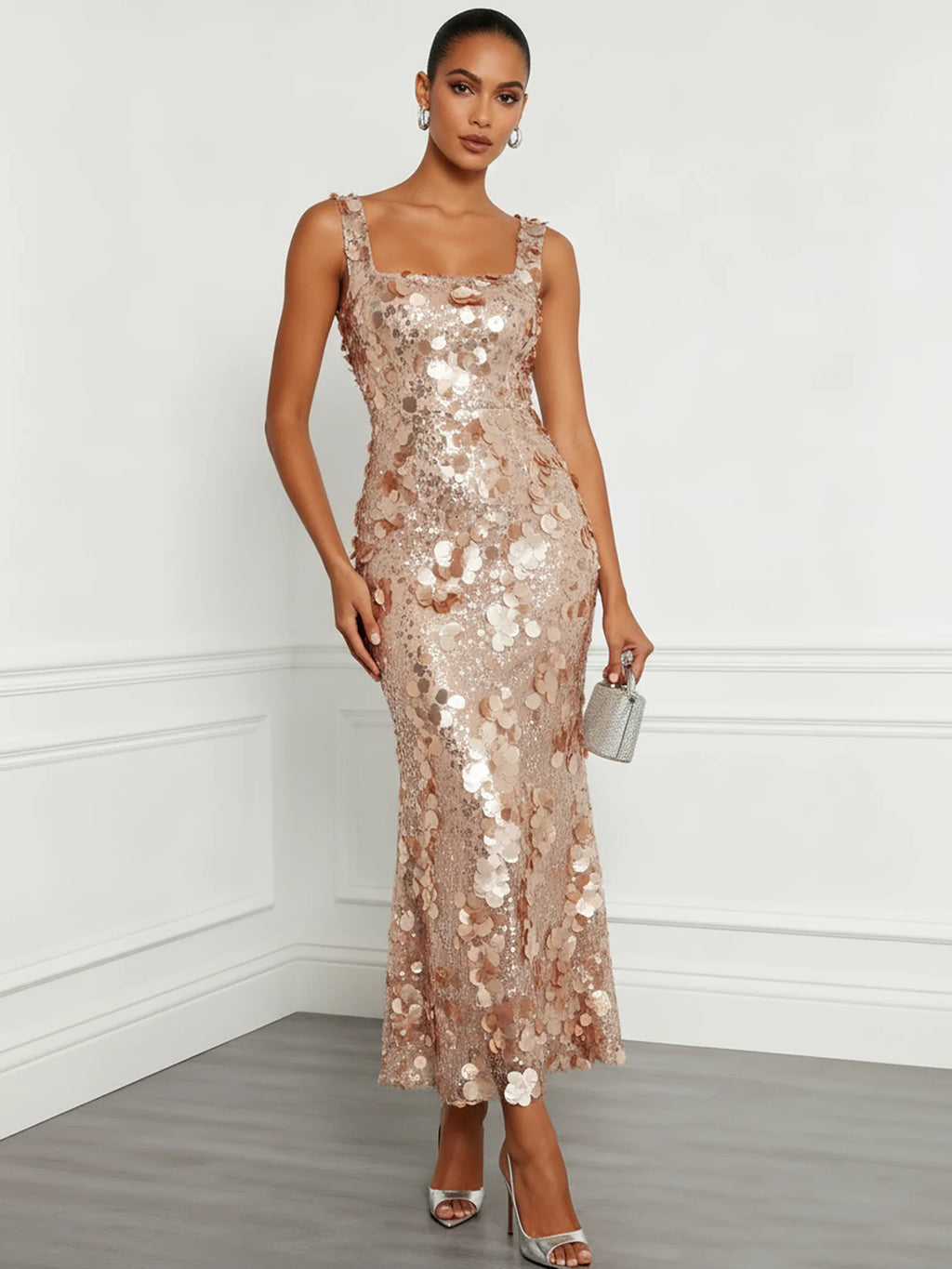 Champagne Glitter Sequin Square Neck Sleeveless Mermaid Midi Dress