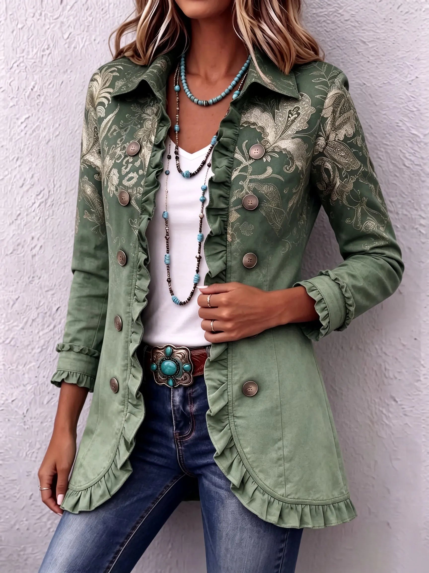 Bohemian Gold Floral Print Ruffle Jacket