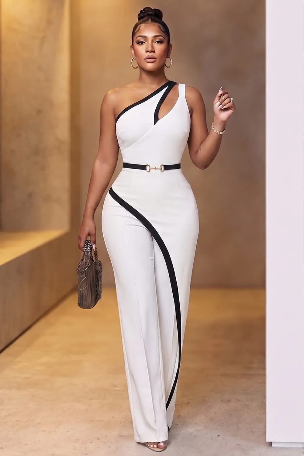 One Shoulder Colorblock Casual Straight Leg Jumpsuit-White [Pre Order]