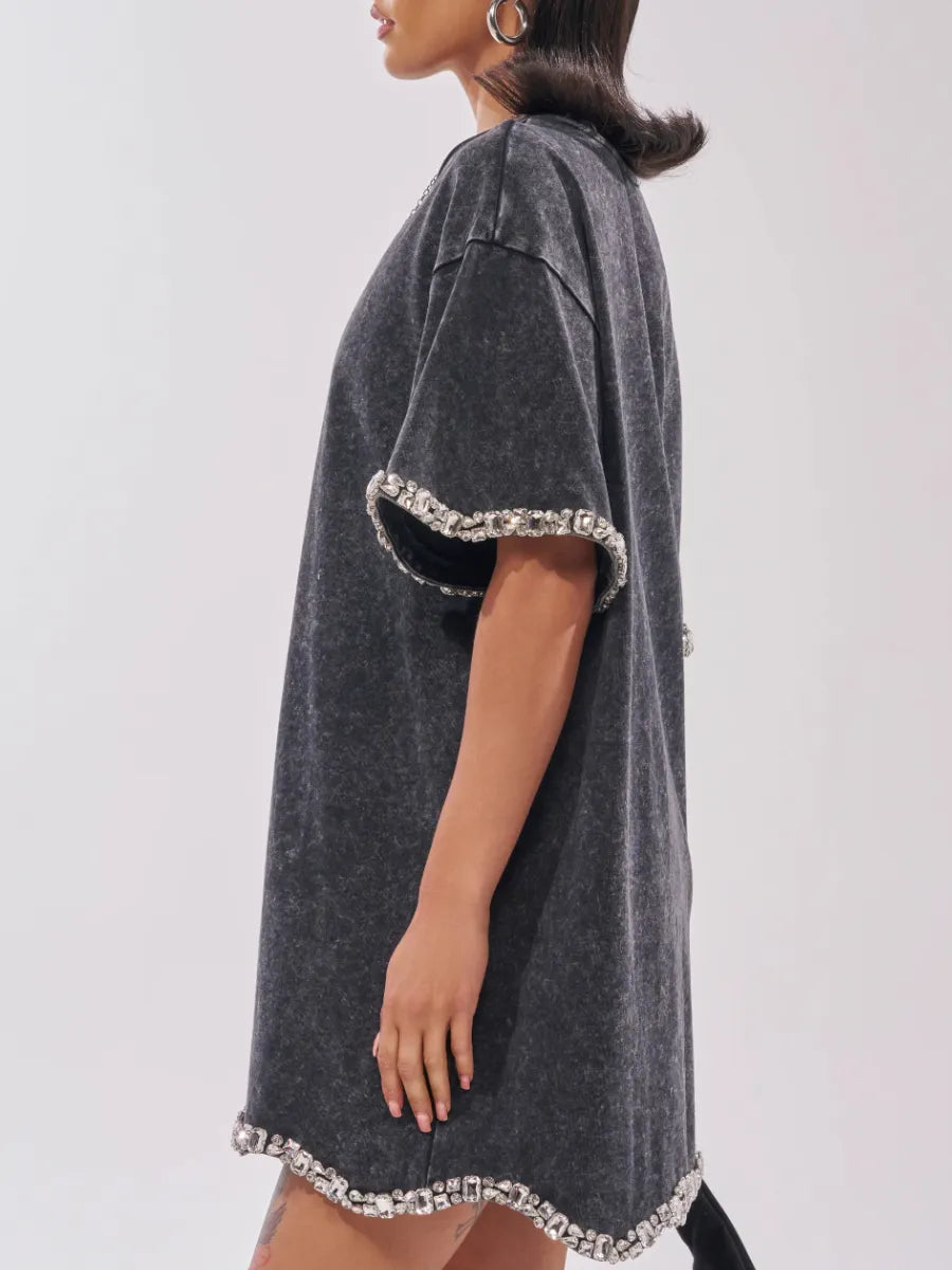 Rhinestone Trim Washed T‑Shirt Mini Dress
