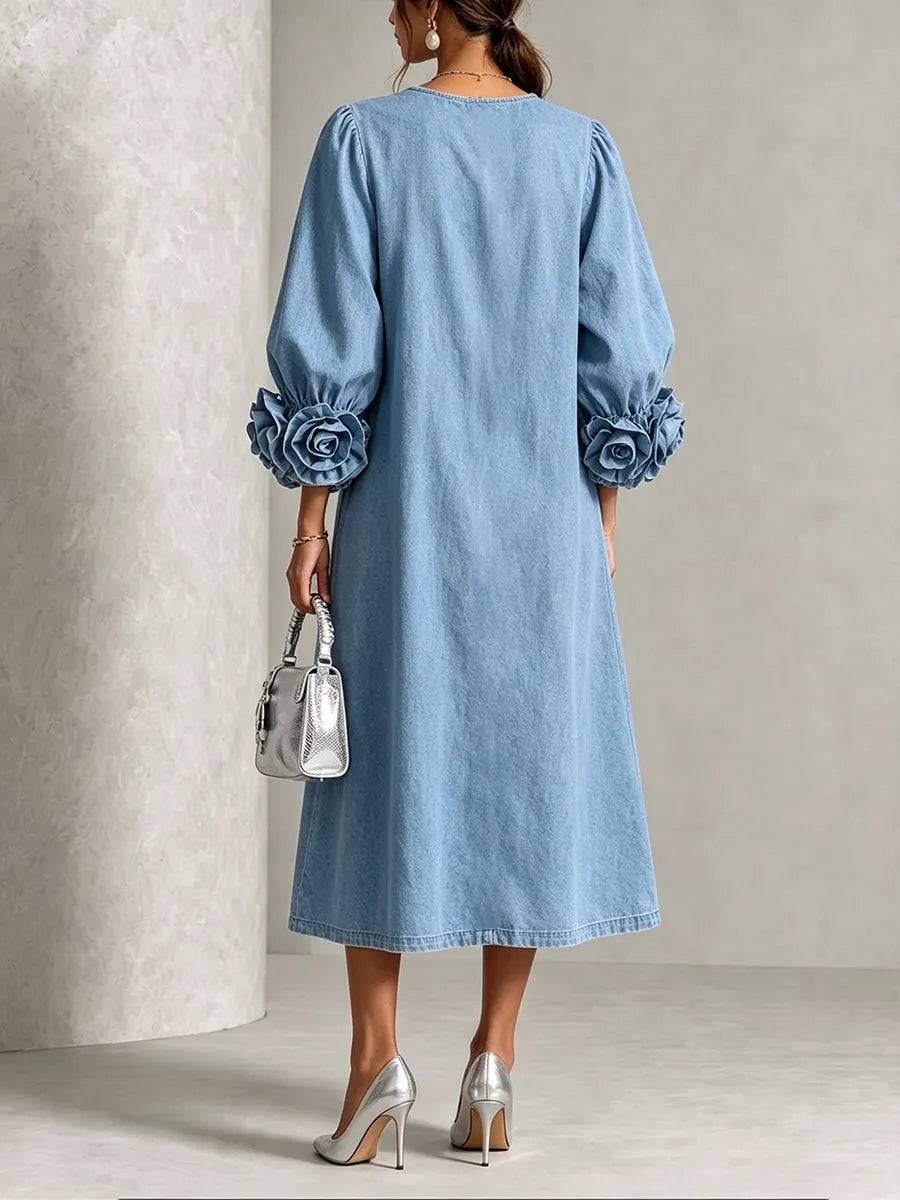 Chic Chambray Denim 3D Rosette Sleeve Midi Dress