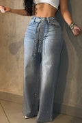 Women's Designer Rhinestone With Belt Wide Leg Jeans