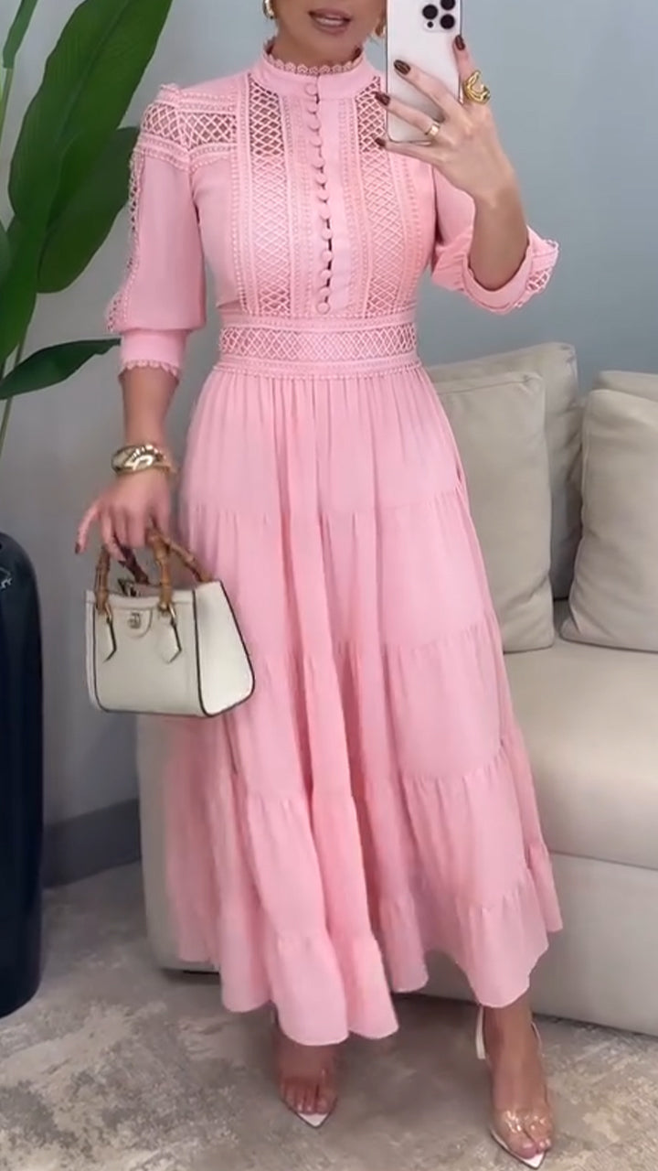 Women Round Neck Lace Hollow Splicing Elegant Temperament Dress