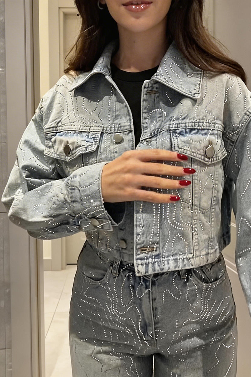 Women's Casual Wave Rhinestone Denim Jacket & Jeans