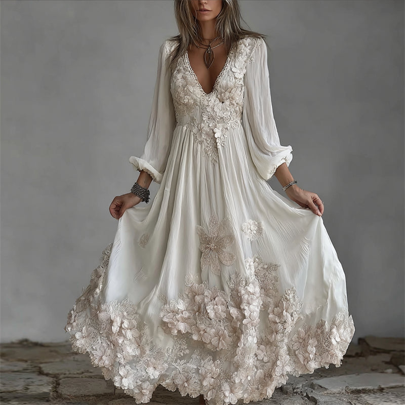 Boho Floral Glitter Lace Fiber Art Linen Maxi Dress