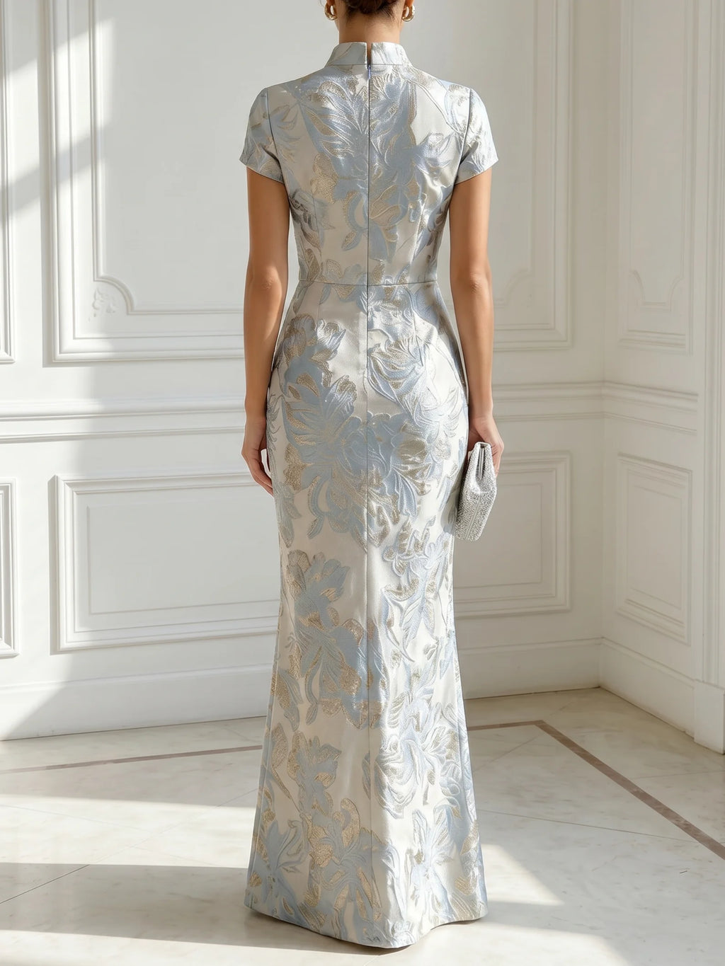 Light Blue Jacquard Classic V Neck Short Sleeve Mermaid Floor-length Gown Dress