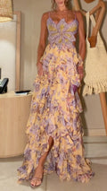 Butterfly Beaded Spaghetti Strap Floral Ruffle Maxi Dress