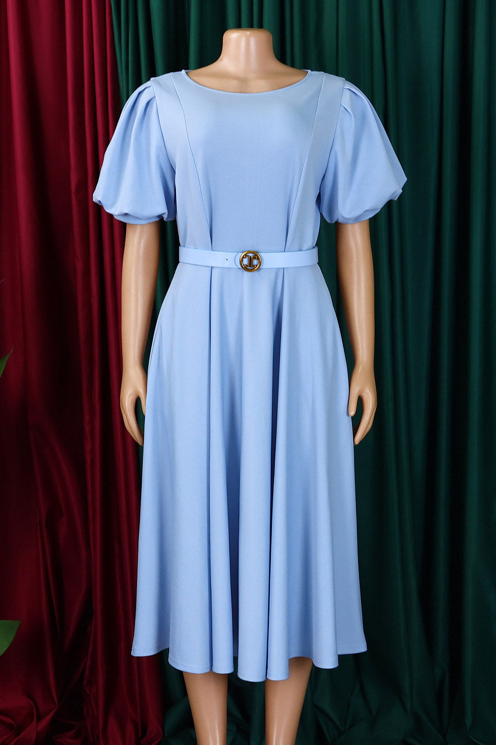 Round Neck Puff Sleeve Solid Color High Waist A-Line Formal Maxi Dresses-Blue