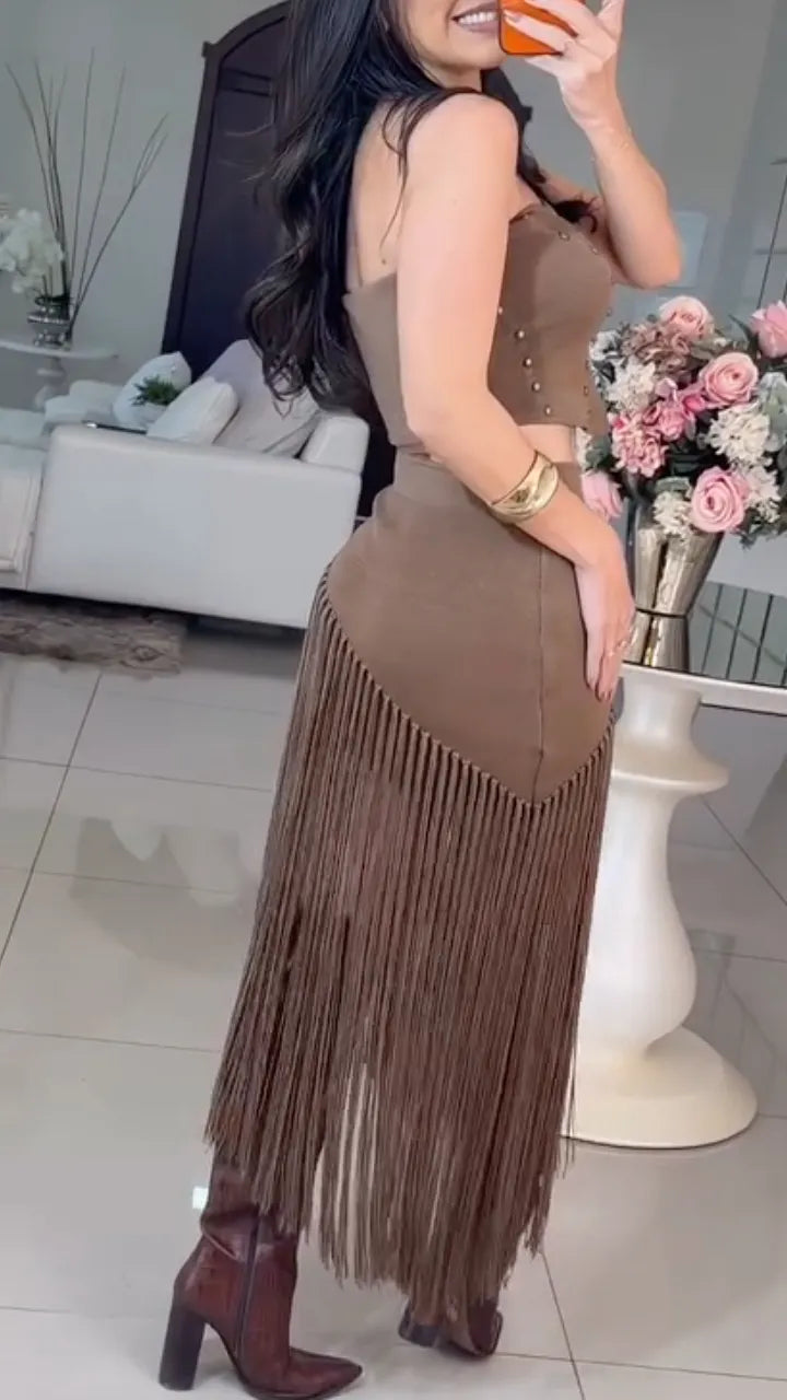 Studded Crop Top Fringe Skirt Two Piece Set