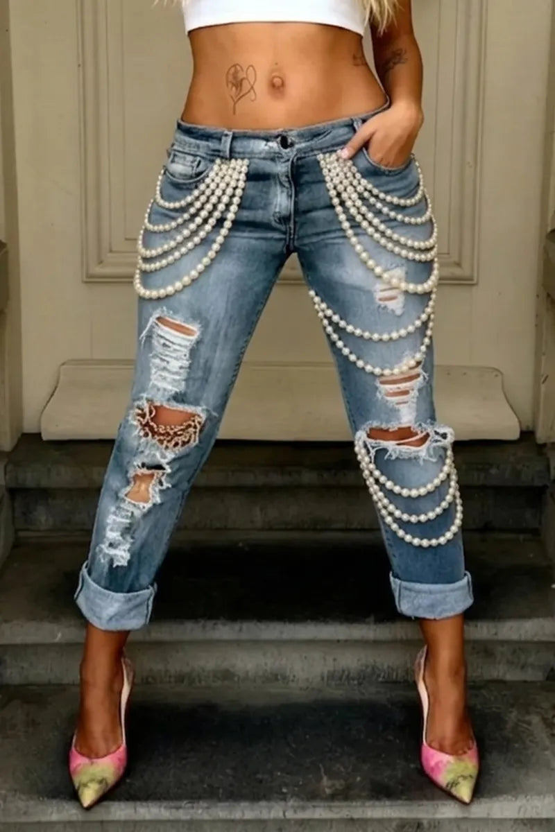 Women's Casual Pearl Embellished Skinny Jeans