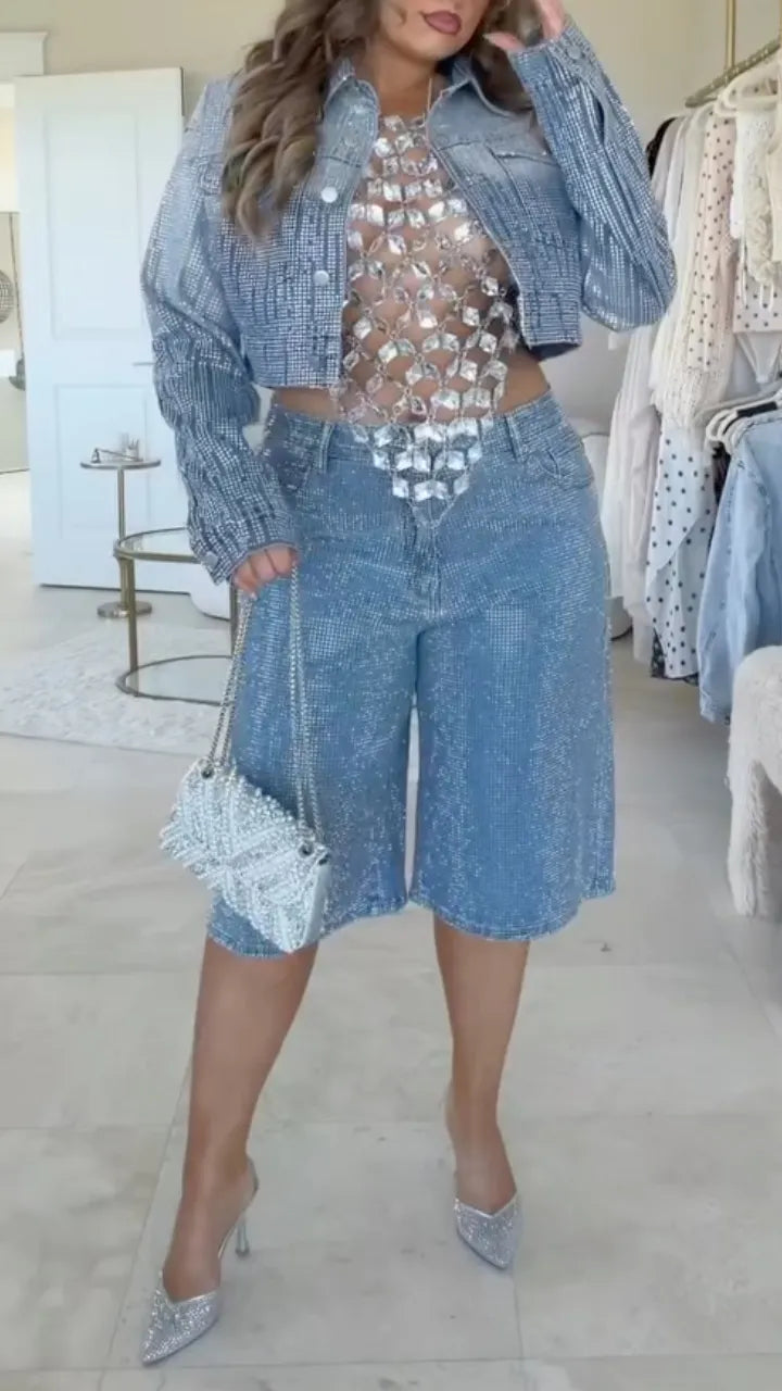 Rhinestone Denim Cropped Jacket & Jort Short Set