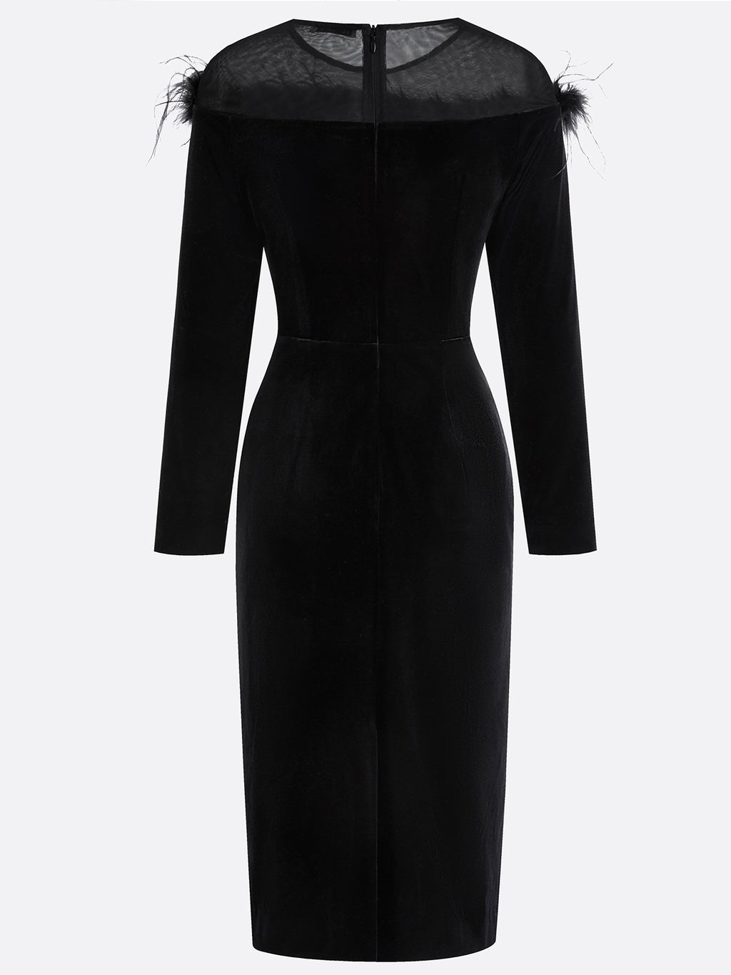 Black Feather-trimmed Mesh Velvet Crew Neck Long Sleeve Sheath Midi Dress