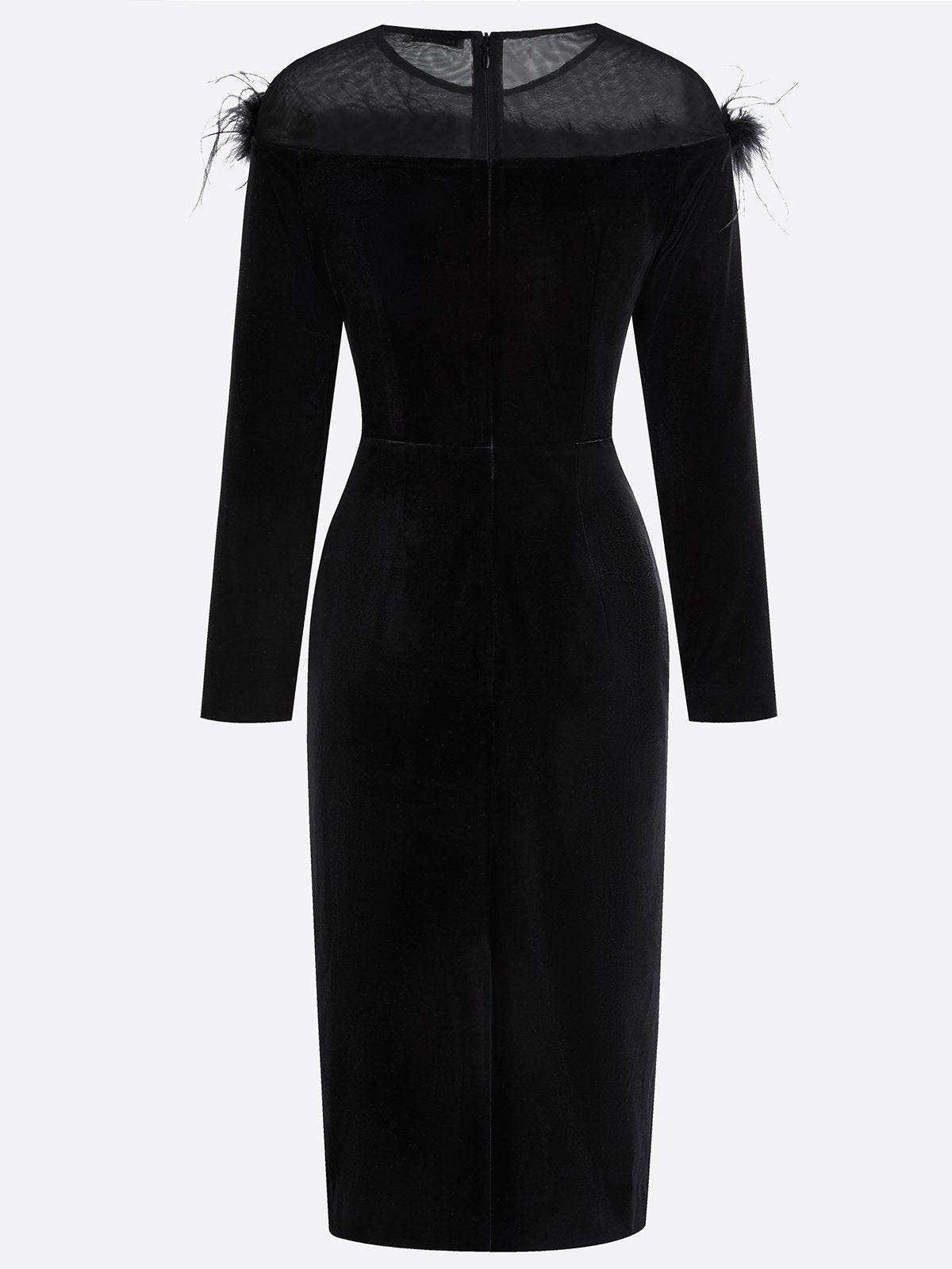 Black Feather-trimmed Mesh Velvet Crew Neck Long Sleeve Sheath Midi Dress