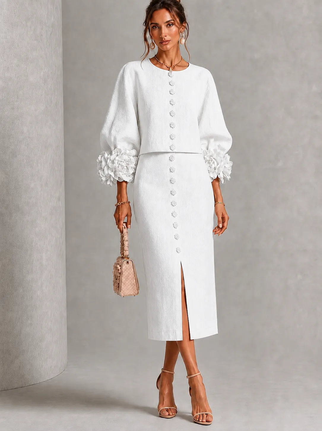 Blush 3D Floral Button Midi Two‑Piece Set