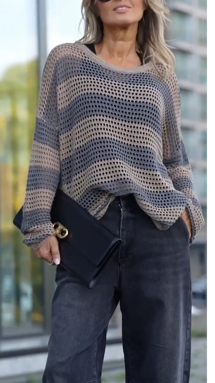 Striped Hollow Knit Sweater & Black Denim Pants