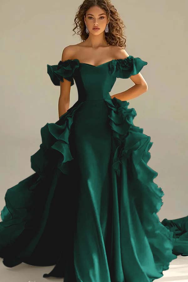 Off the Shoulder Sleeveless Long Mermaid Prom Dress With Ruffles JQ0149