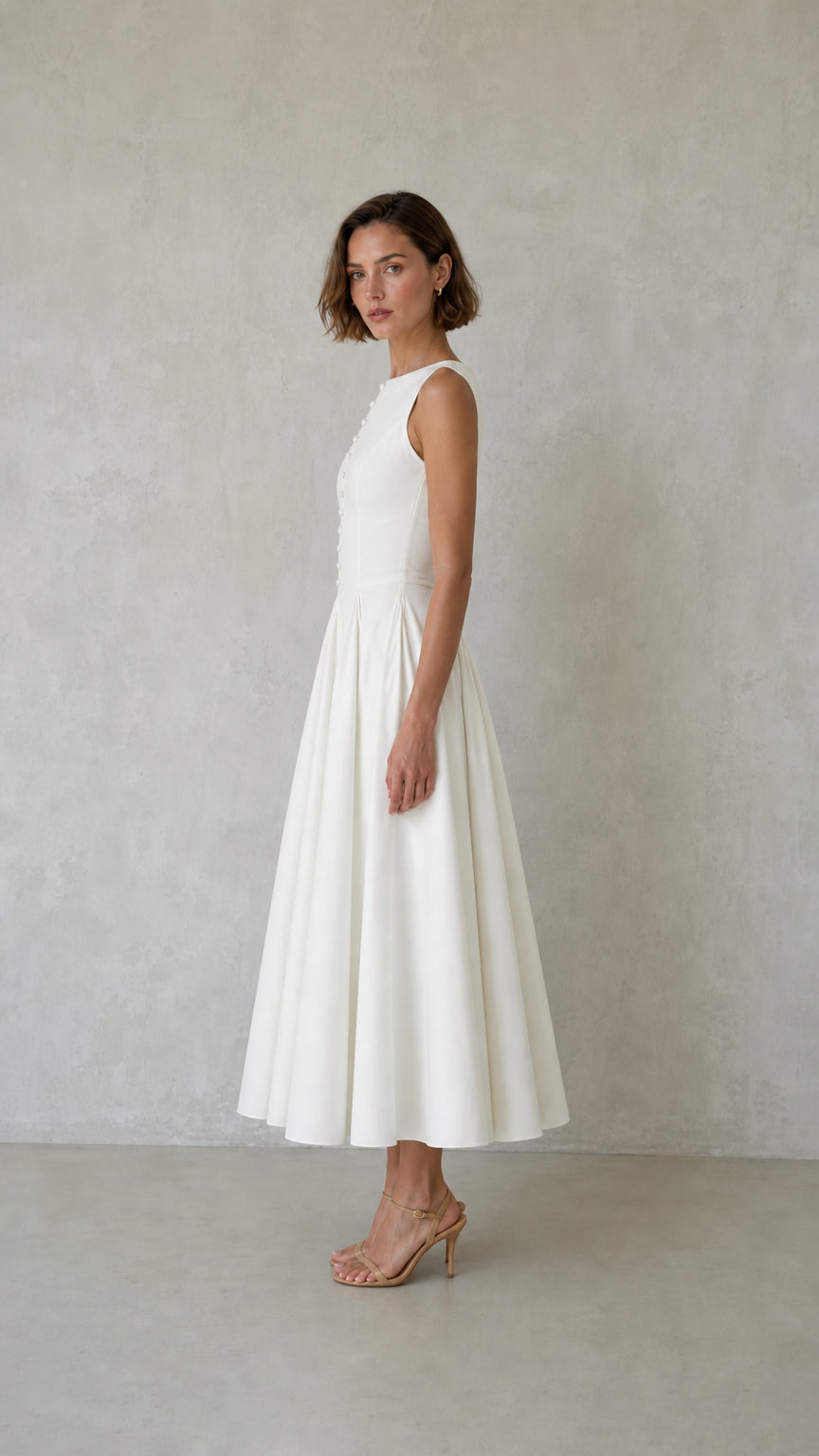Elegance Sleeveless Pleated Midi Dress with Button Details