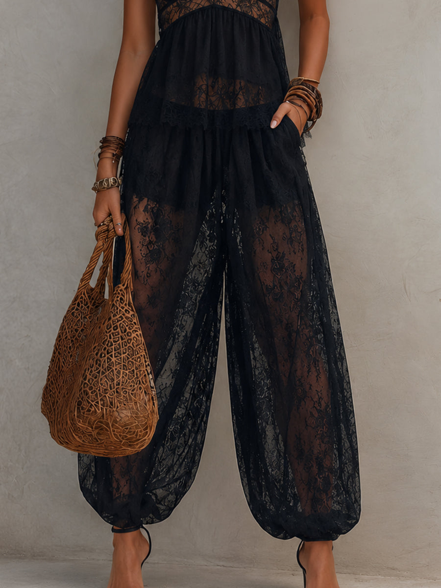 Boho Halter-Neck Lace-Paneled Vest & Balloon Pants Set