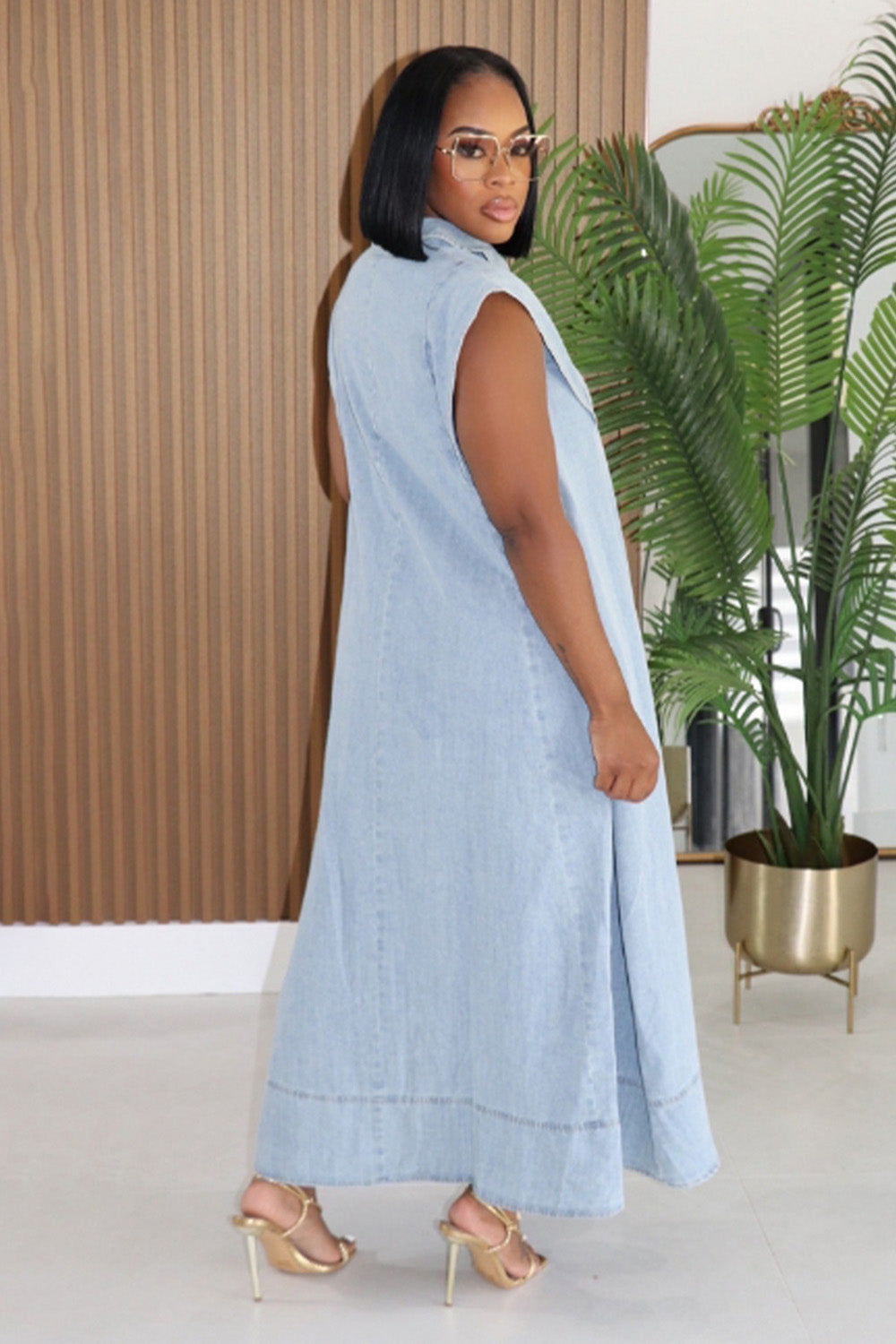 Denim Shirt Collar Cap Sleeve Slant Pocket Loose Casual Maxi Dresses-Blue