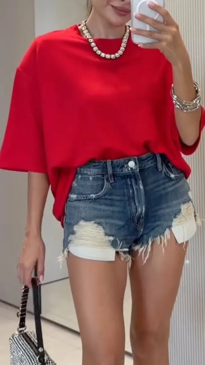 Heart Rhinestone Cutout T‑Shirt & Denim Shorts