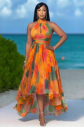 Halter Sleeveless Cut Out Ruffle Vacation Maxi Dresses-Orange