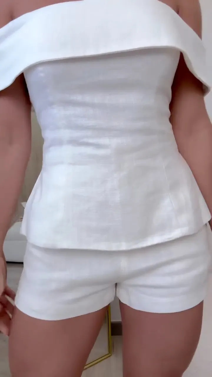 White Off‑Shoulder Linen Short Set