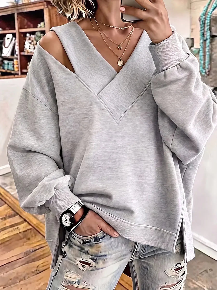 Chic Cutout V-Neck Oversized Sweatshirt