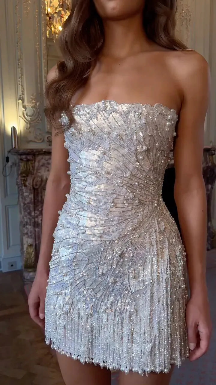 White Beaded Sequin Short Strapless Dress