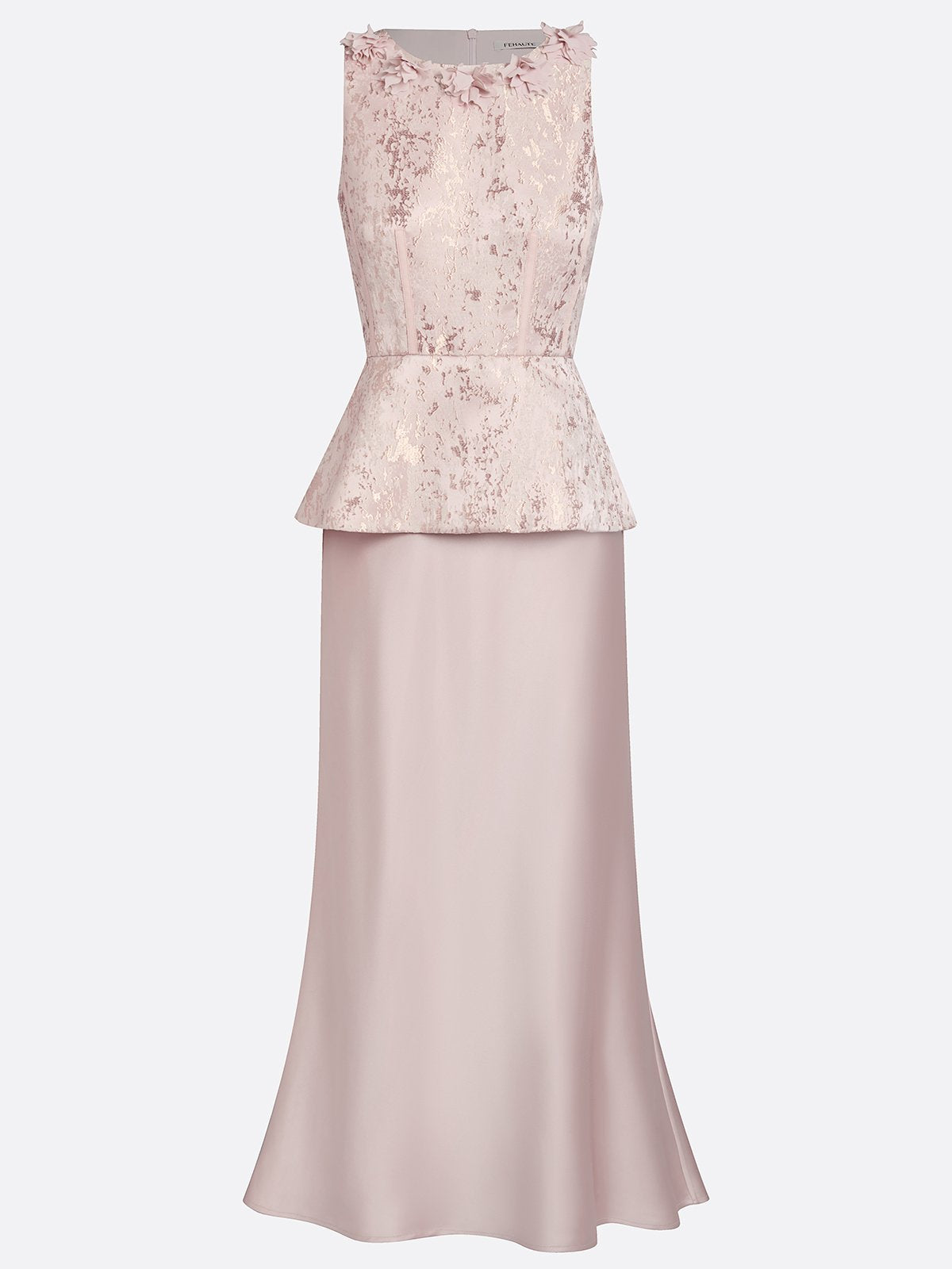 Pink Lace Jacquard 3D Floral Satin Crew Neck Sleeveless Sheath Maxi Dress