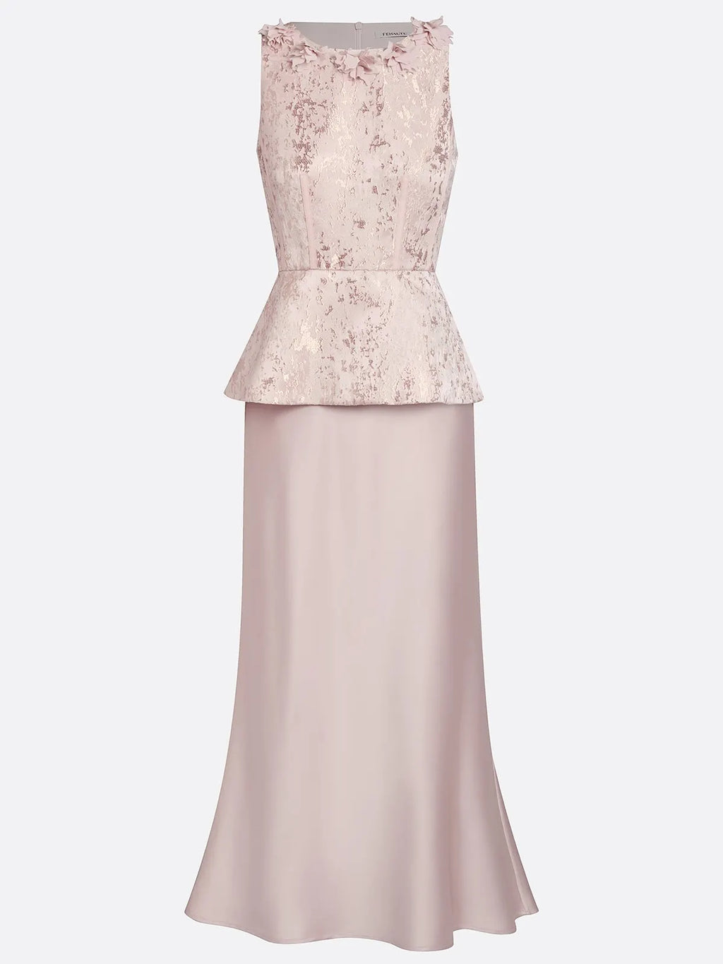 Pink Lace Jacquard 3D Floral Satin Crew Neck Sleeveless Sheath Maxi Dress