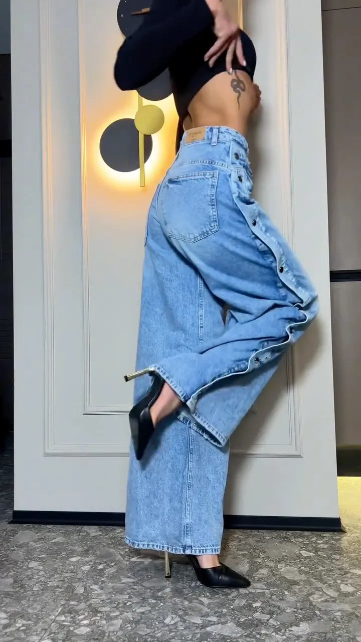 Side Button Wide Leg Denim Jeans