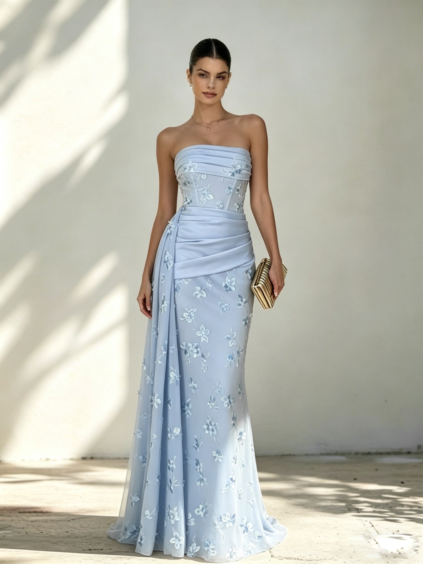 Light Blue Classic Strapless Sleeveless Mermaid Floor-length Gown Dress