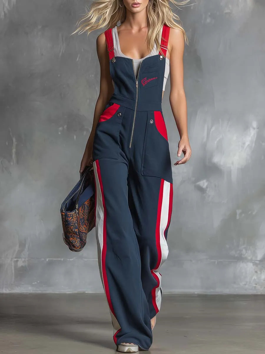 Retro Fahsion Sports Front Zipper Contrast Dark Blue Cotton Overalls Jumpsuit