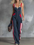Retro Fahsion Sports Front Zipper Contrast Dark Blue Cotton Overalls Jumpsuit