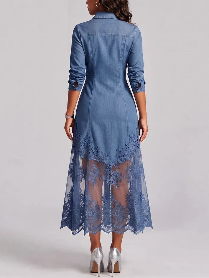 Elegant Sophisticated Denim Dress With A Lace Hem