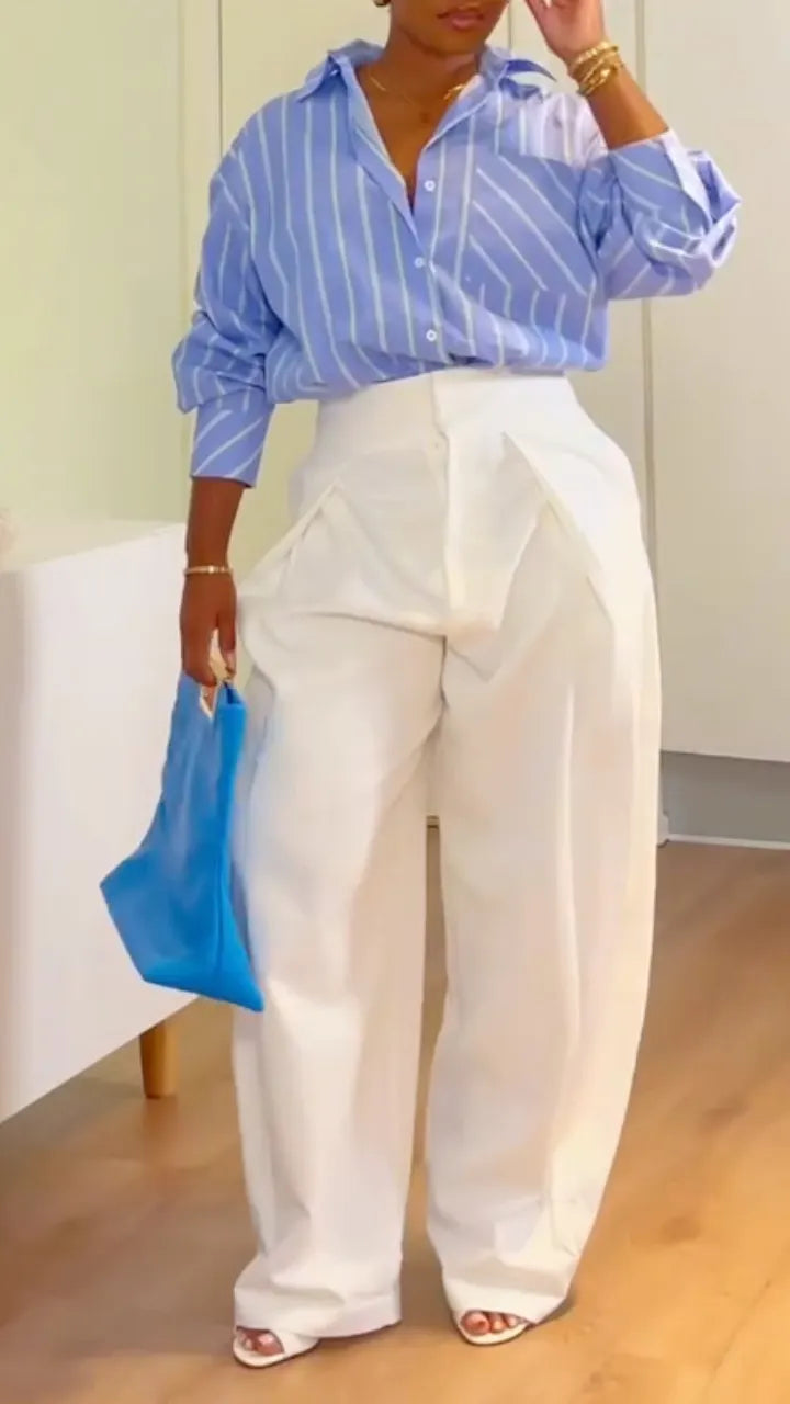 Striped Shirt & White Wide Leg Pants Two‑Piece Outfit