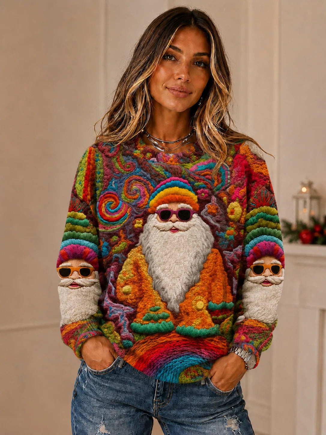 Colorful Hippie Santa Ugly Christmas Sweatshir