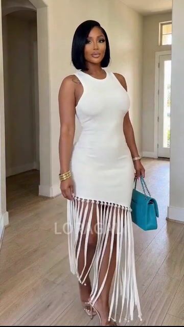 Round Neck Sleeveless Fringe Hem Slim Fit Maxi Dresses-White