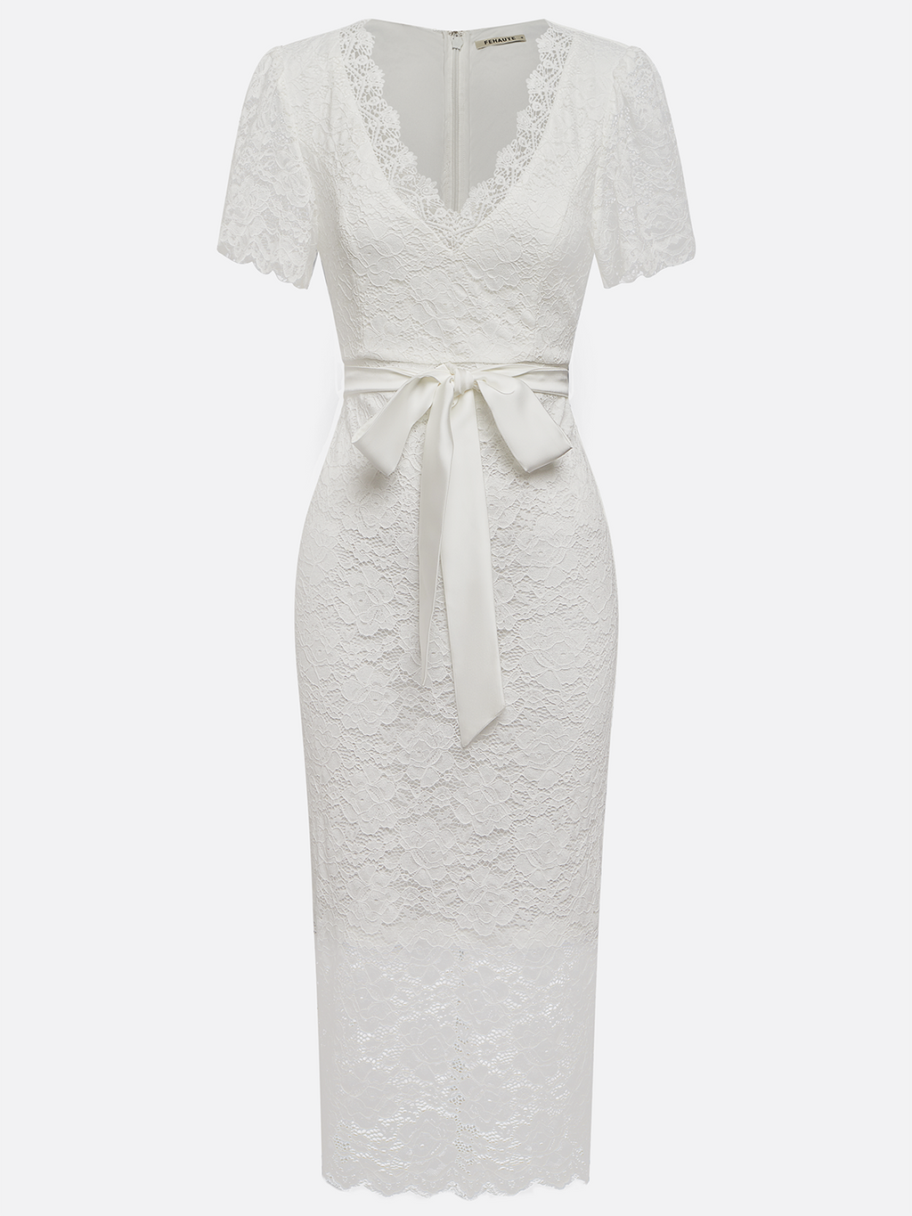 White Bow Lace V Neck Short Sleeve Sheath Midi Dress