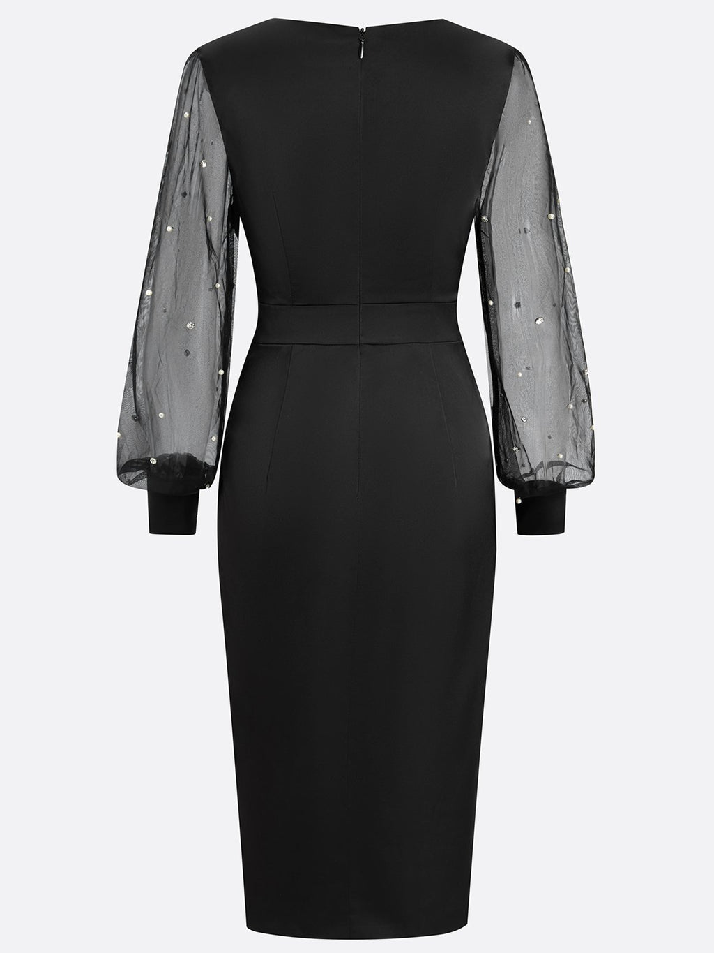 Black Beaded Slit Satin V Neck Long Sleeve Balloon Sleeve Sheath Midi Dress