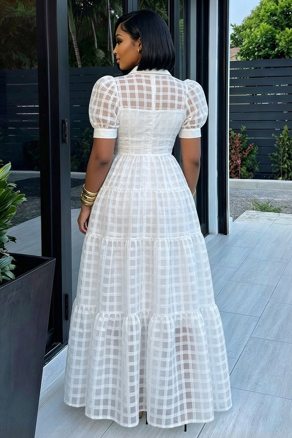 Turndown Collar Puff Sleeve Plaid A-Line Maxi Dresses-White
