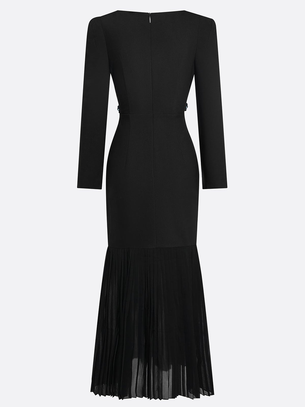 Black Pleated 3D Floral Classic Boat Neck Long Sleeve Mermaid Maxi Dress