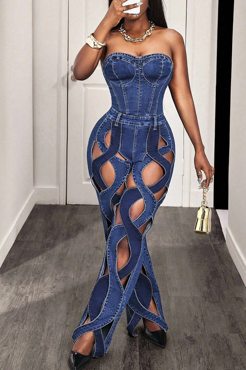 Women's Casual Cutout Strapless Wide Leg Denim Jumpsuit