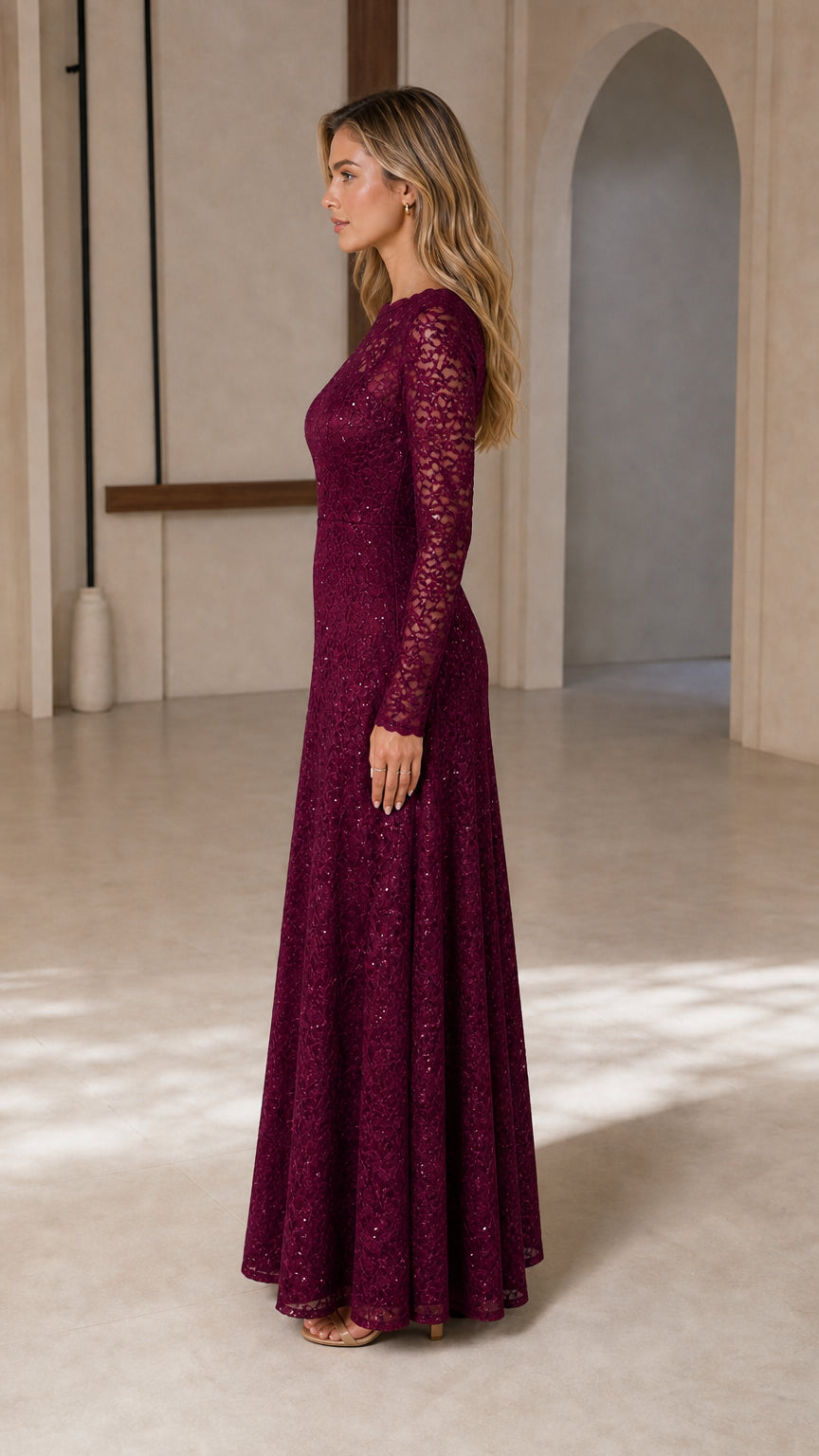 Women's Long-Sleeve Sequin Lace Evening Gown