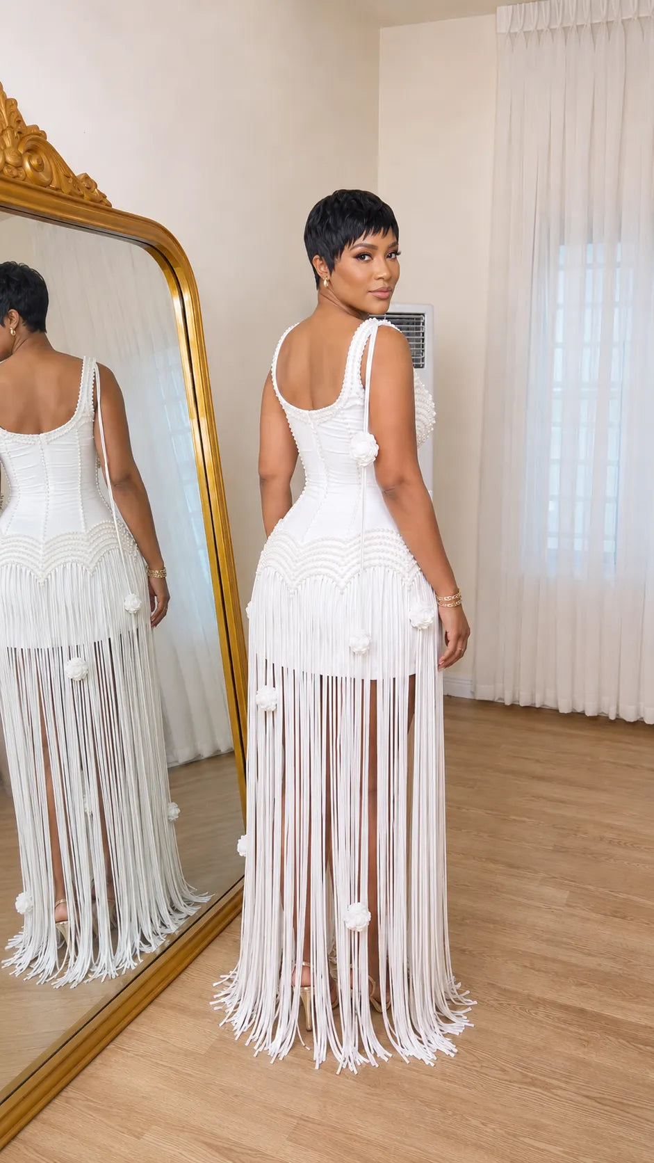 Pearl Fringe Maxi Dress With Floral Accents