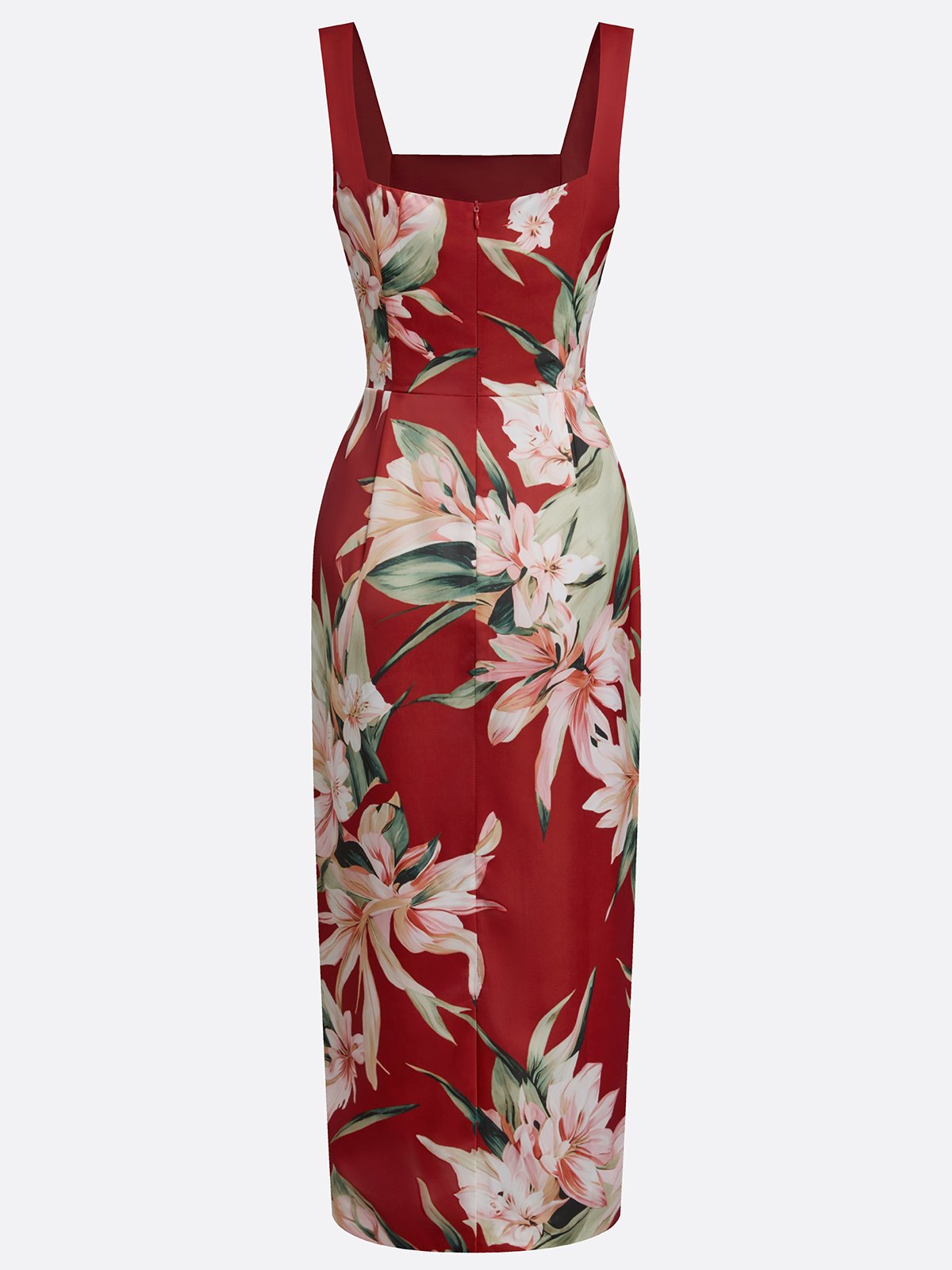 Red Floral Satin Square Neck Sleeveless Sheath Midi Dress