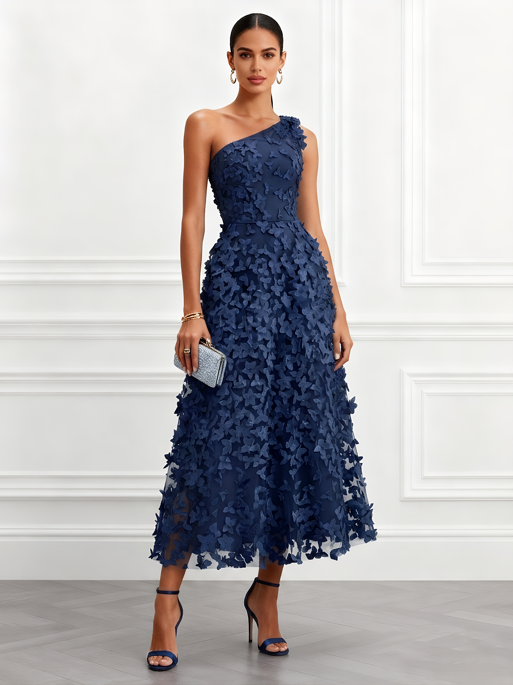 Purplish Blue 3D Floral Embroidery Classic One Shoulder Sleeveless A-Line Midi Dress