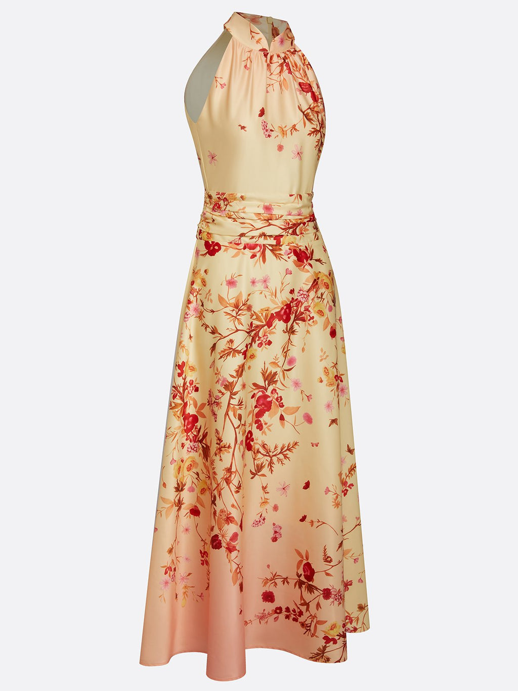 Pale Yellow Floral Classic Halter Mock Neck Sleeveless A-Line Maxi Dress