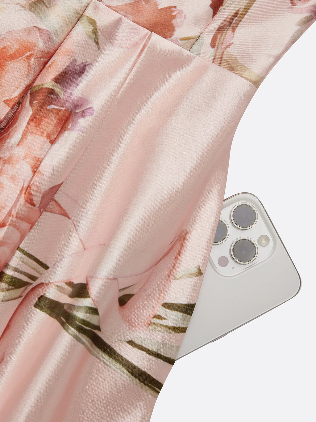 Pink Floral Satin Strapless Sleeveless A-Line Gown Dress